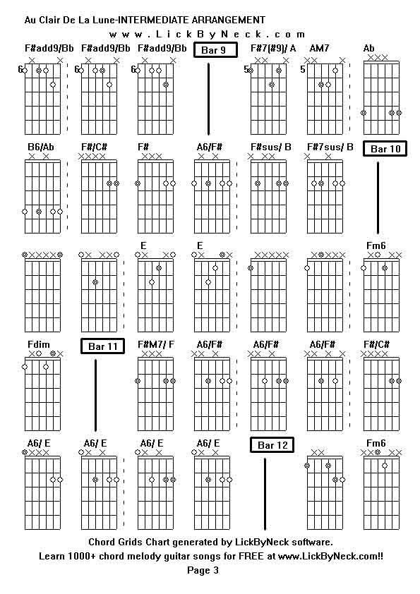 Chord Grids Chart of chord melody fingerstyle guitar song-Au Clair De La Lune-INTERMEDIATE ARRANGEMENT,generated by LickByNeck software.